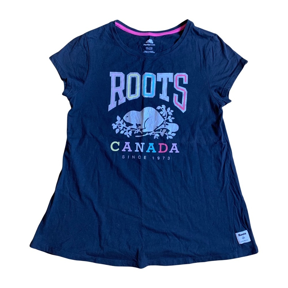 Roots Kids Short Sleeve Graphic T-Shirt Silver Beaver Logo Girls XXL
